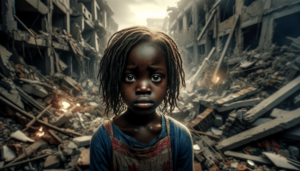 Une jeune fille africaine au cœur de décombres de bâtiment, résultat de la guerre. On peut voir de la tristesse dans le regard de cette jeune fille.