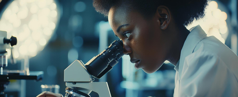 jeune scientifique africaine regardant dans un microscope
