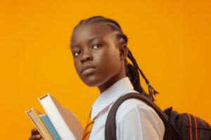 jeune fille africaine avec un sac à dos et des livres en main